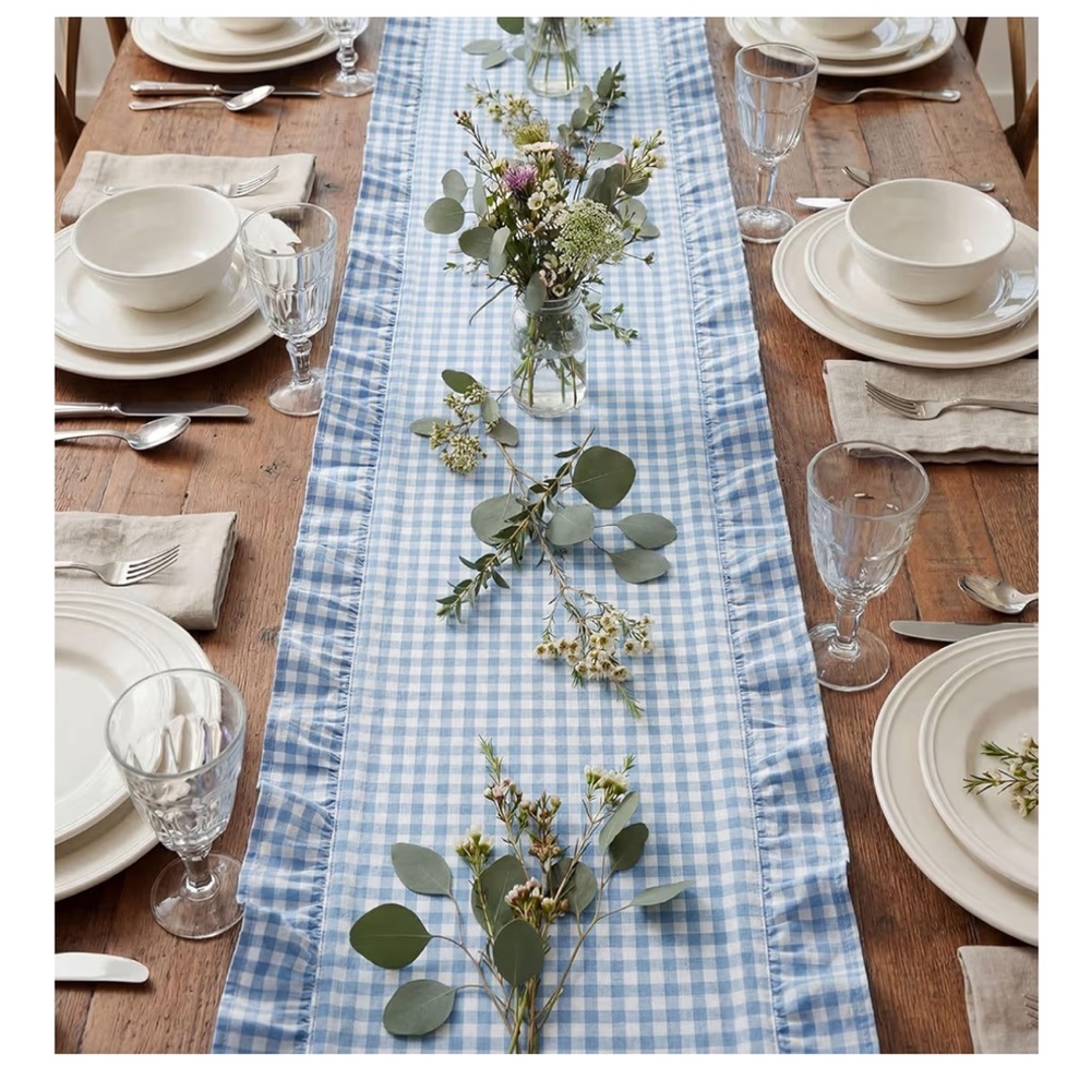 Rustic Farmhouse Blue Plaid Gingham Ruffle Table Runner (100% Cotton) 118x13.8”